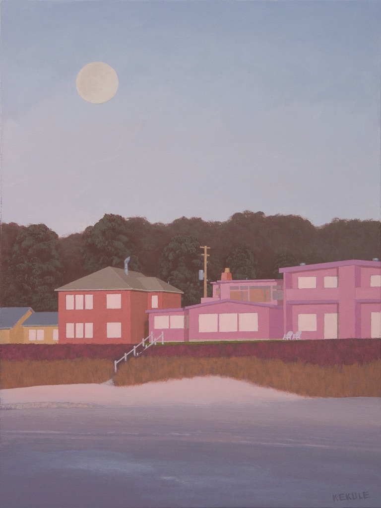 Stephen Kekule, Sunset at the Beach with a Full Moon Rising, acrylic