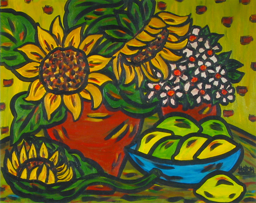 Jeanne Hatch, Sunflowers and Lemons, acrylic on canvas