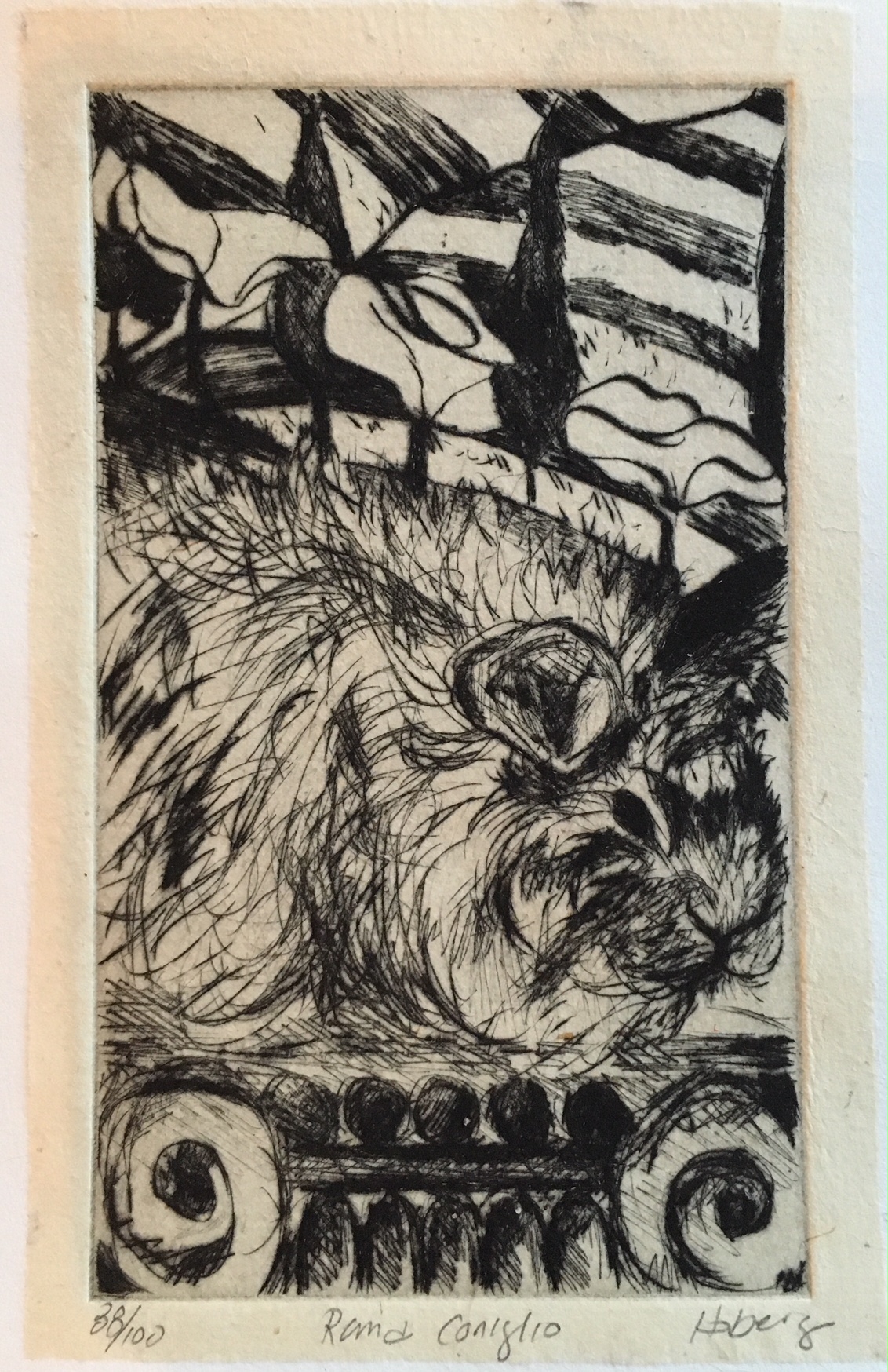 Jani Hoberg, Roma Coniglio (Rome Rabbit), drypoint with chine colle