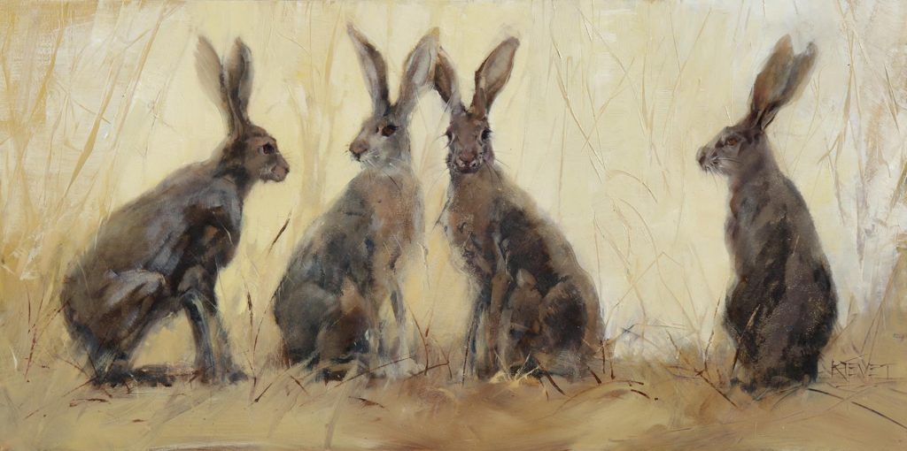realistic painting of four rabbits