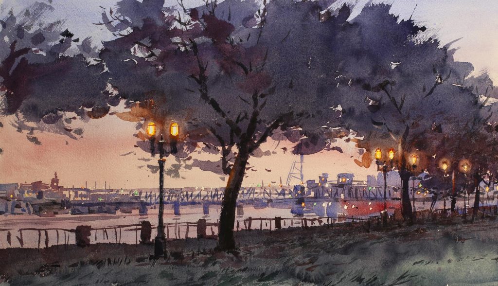 purple and pink dusk painting of waterfront with lamps